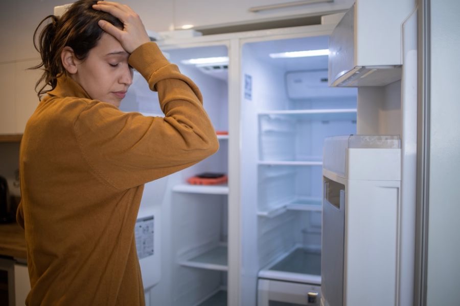 Broken Refrigerator and Woman in front of a broken fridge